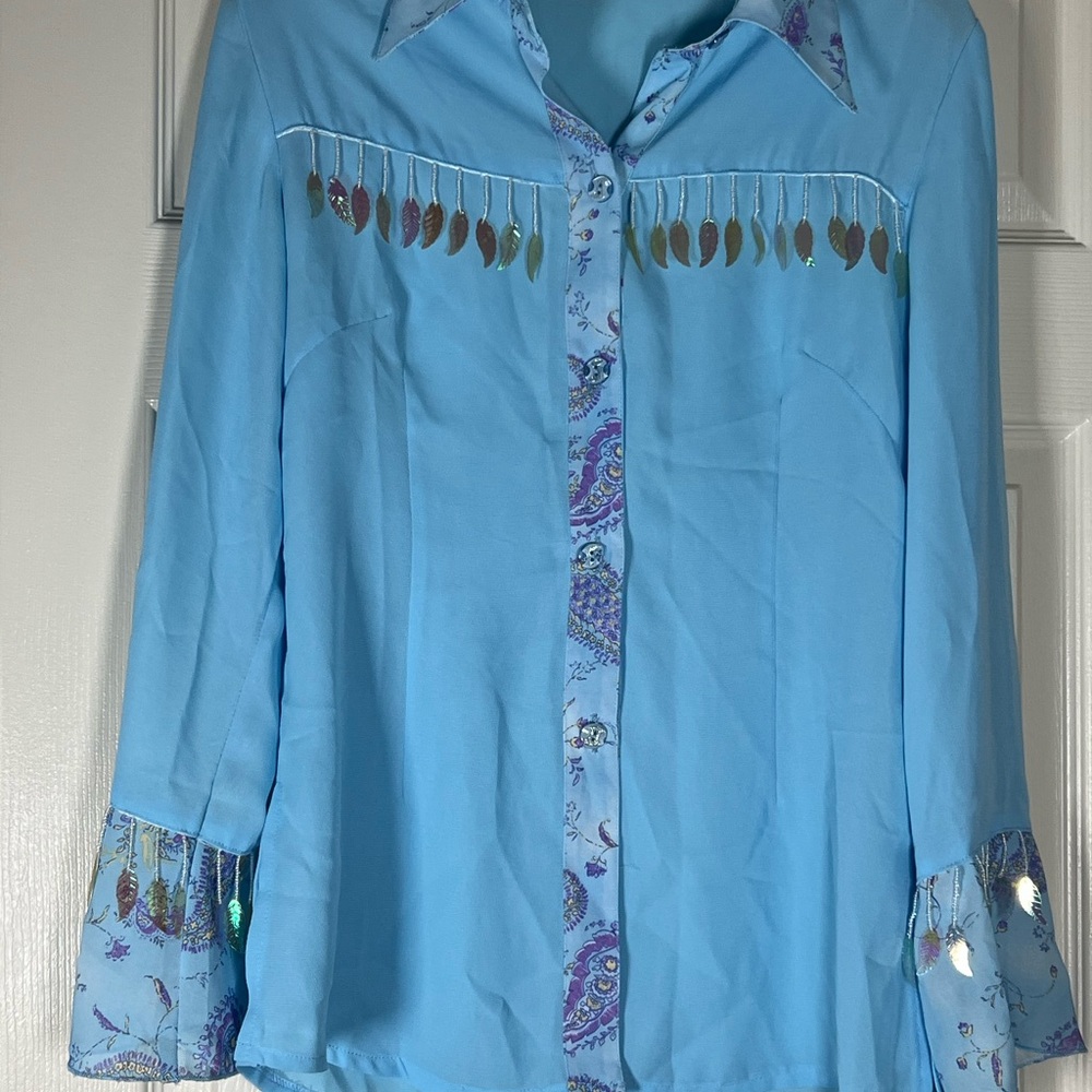 Blue Long Sleeve Button Down Shirt with Feather Accents